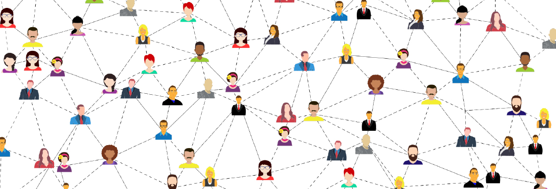 lots of illustrated people connected by dotted lines in a web shape